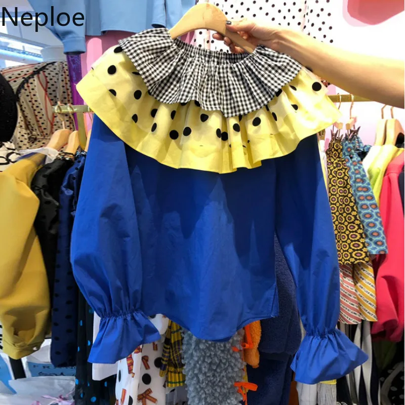 Neploe Блузка в клетку с двойным кукольным воротником полоску и горошек весна осень