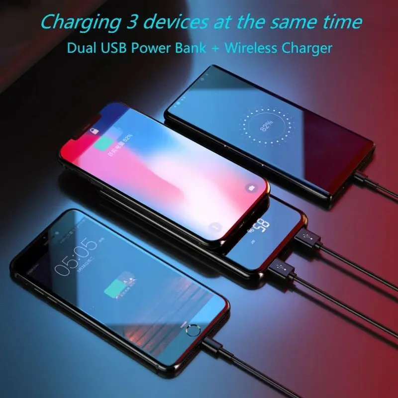 Портативный аккумулятор Power Bank 30000 мАч с встроенной беспроводной зарядкой QI для Samsung iPhone XS.