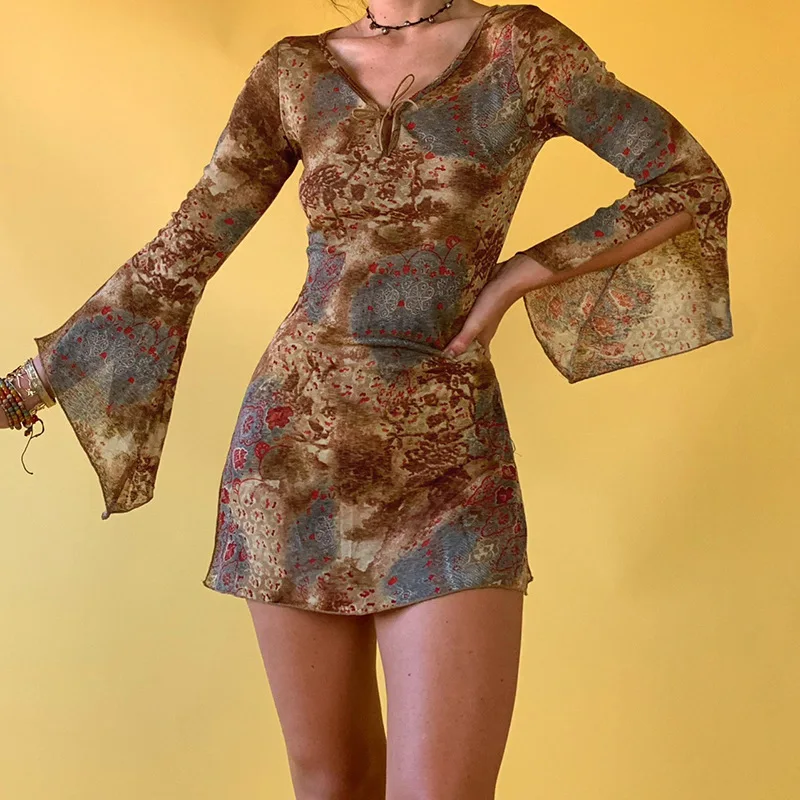 

Vintage Print Long Flared Sleeve Bodycon Mini Dress Women Fairycore Grunge Sexy V Neck Tie Up Short Dresses Autumn Vestidos