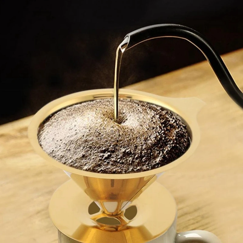 

Double Wall Stainless Steel Titanium Gold Pour over Coffee Dripper Filter with Cup Stand and Handle