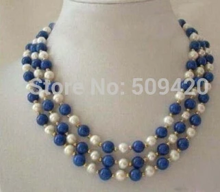 free shipping &gt&gt&gt3 Rows Real White Pearl lapis lazuli Clasp Necklace 17-19&quot |