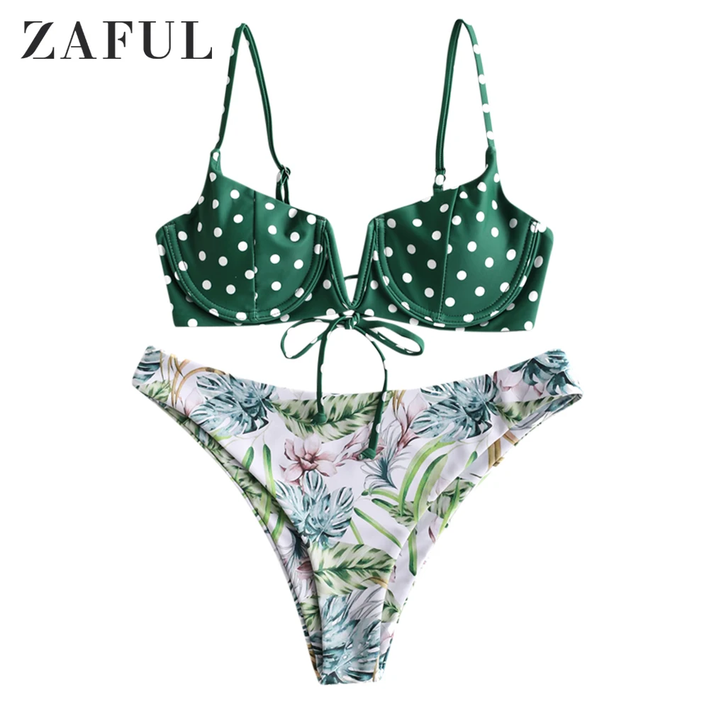 Женский купальник-бикини ZAFUL с v-образным вырезом в горошек на косточках эффектом