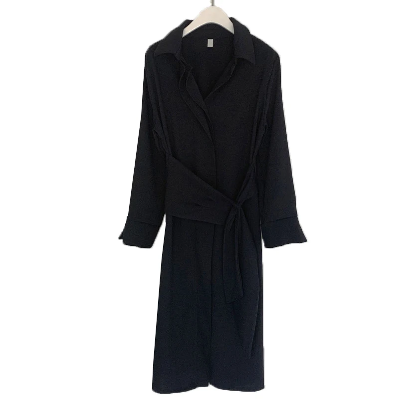 

Korea Office Lady Dresses 2020 Waist Bandage Long French Elegant Shirt Dress Women Spring Summer New Solid Colors Robe Female