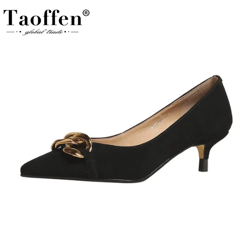 

Taoffen Real Leather Pumps For Women Shoes Thin High Heels Slip On Metal Chains Shallow Office Lady Female Footwear Size 34-39