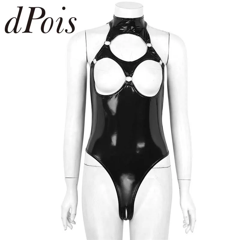 

Womens Wet Look Patent Leather Lingerie Halter Neck Sleeveless Hollow Out Nipples Open Back Crotchless Thong Leotard Bodysuit