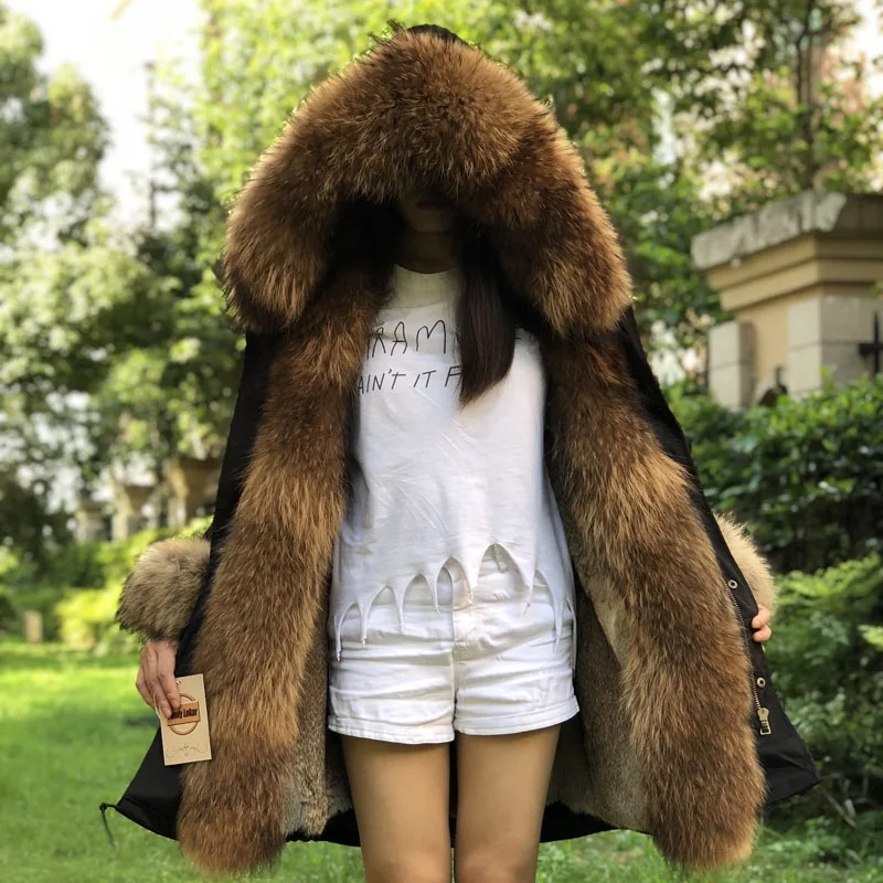 Fandy lokar, парка из натурального меха, женские зимние куртки, натуральный мех енота, капюшон, пальто, натуральный мех кролика, подкладка, куртка, Женское пальто из натурального меха
