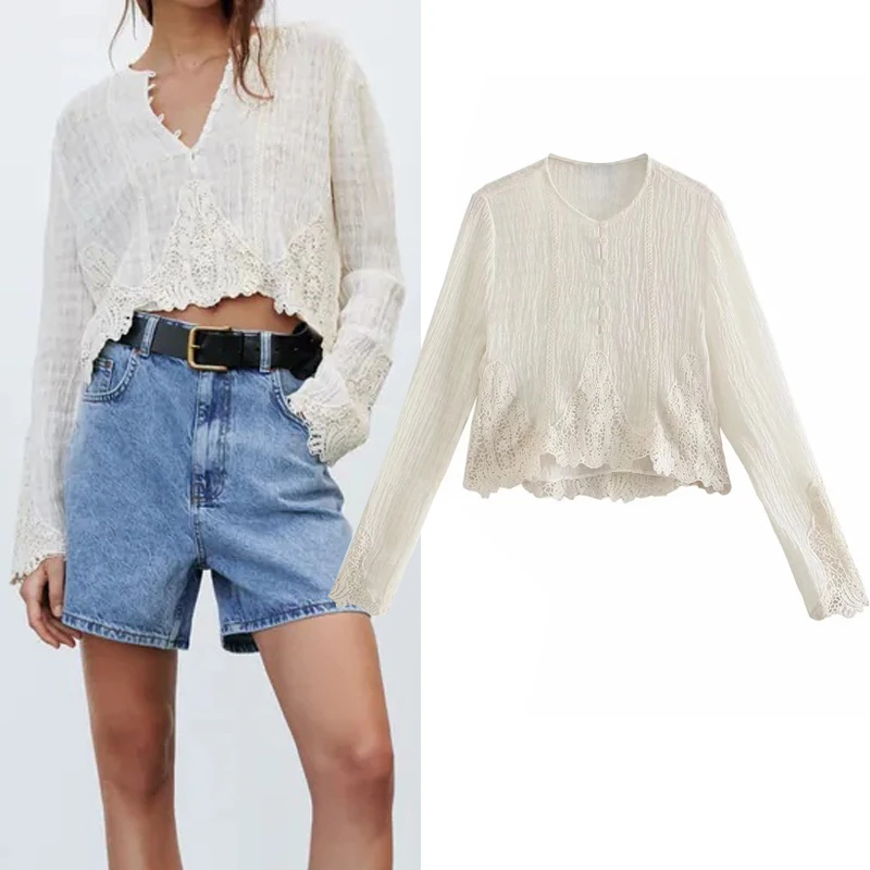 

Za 2021 Cut Out Blouses Women Applique Lace Crop Top Woman Fashion Semi Sheer Long Sleeve Top Female Summer Elegant Blouses