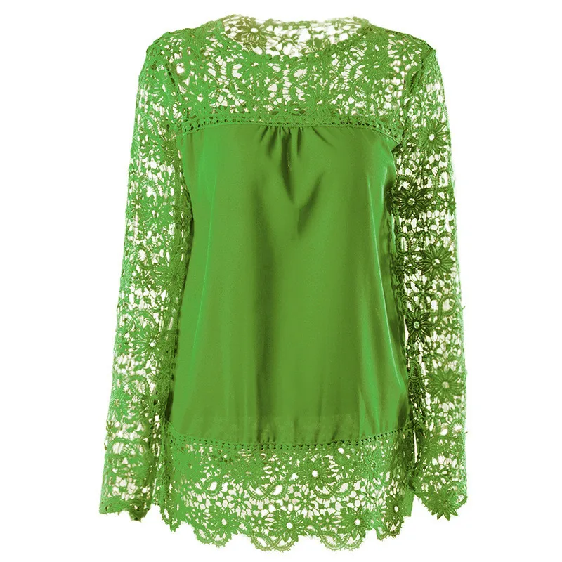 Olive green Yvlvol плюс Размер 7XL Ультрамодная блузка с кружевными вставками для женщин Весна Осень Женские топы рубашка Прямая - Цвет: Olive green