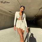 Hugcitar 2020 длинный рукав бандажный кардиган сексуальный укороченный топ юбка комплект из 2 предметов осенне-зимний женский модный тренировочный костюм с рюшами