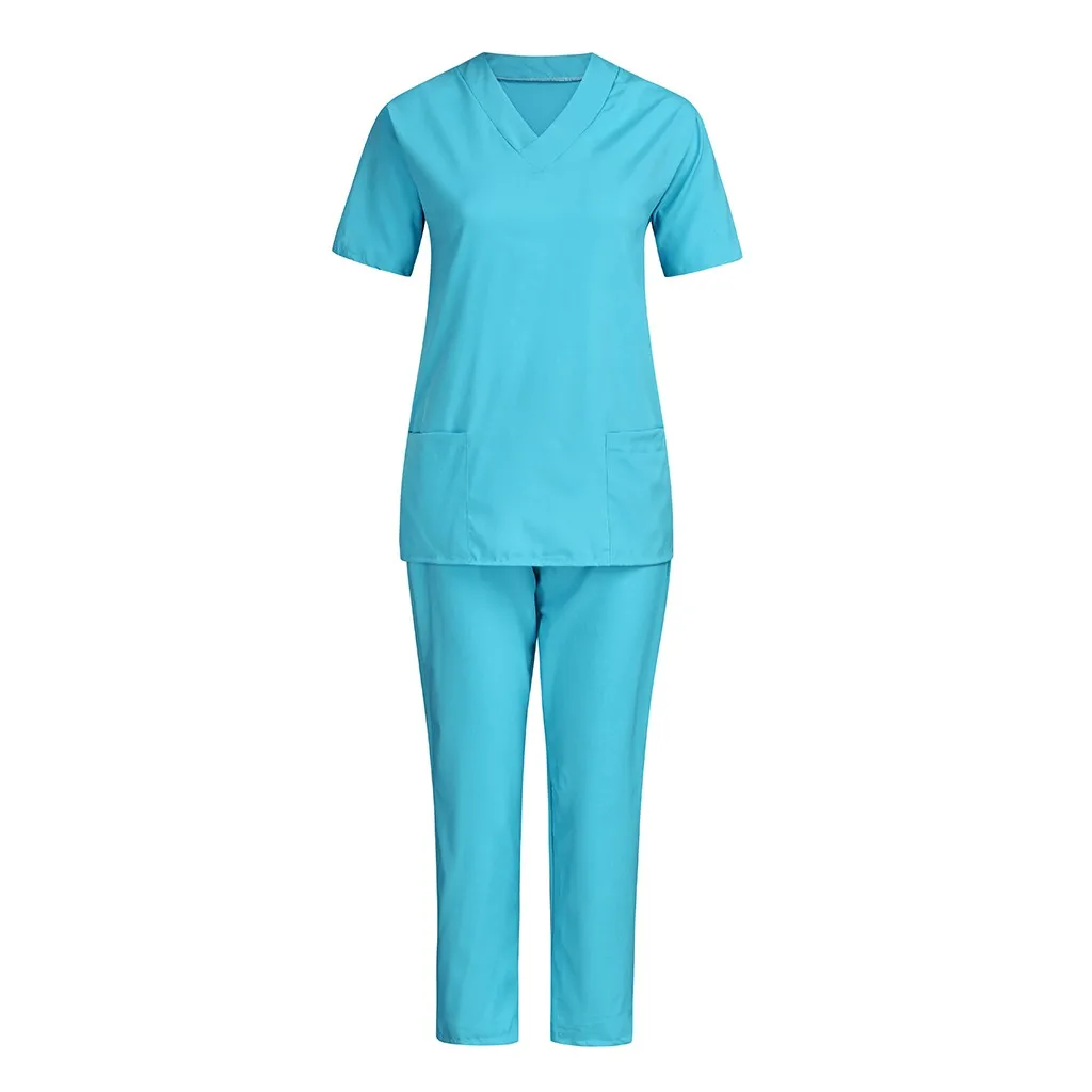 

Women Men Nurse Uniform Solid Color Short Sleeve Nursing Working Clothing Set Ladies V-Neck Clinic Outfits Healthcare Costume