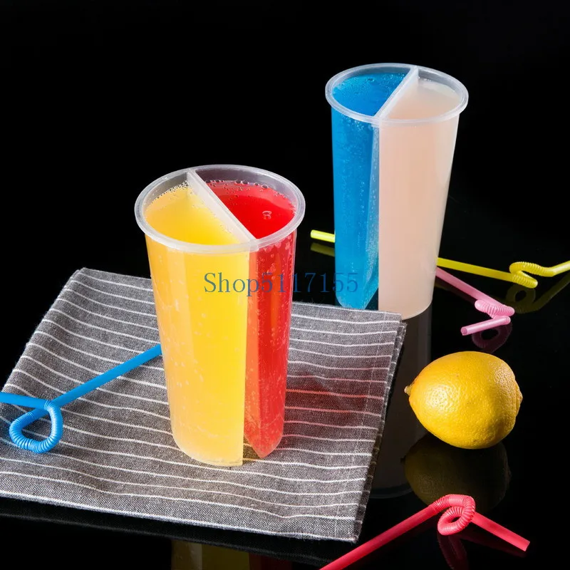 

700ml Creative Special Thickness Double Grid Disposable Plastic Cup Hot Cold Drink Juice Share cup Couple sharing cup 500pcs