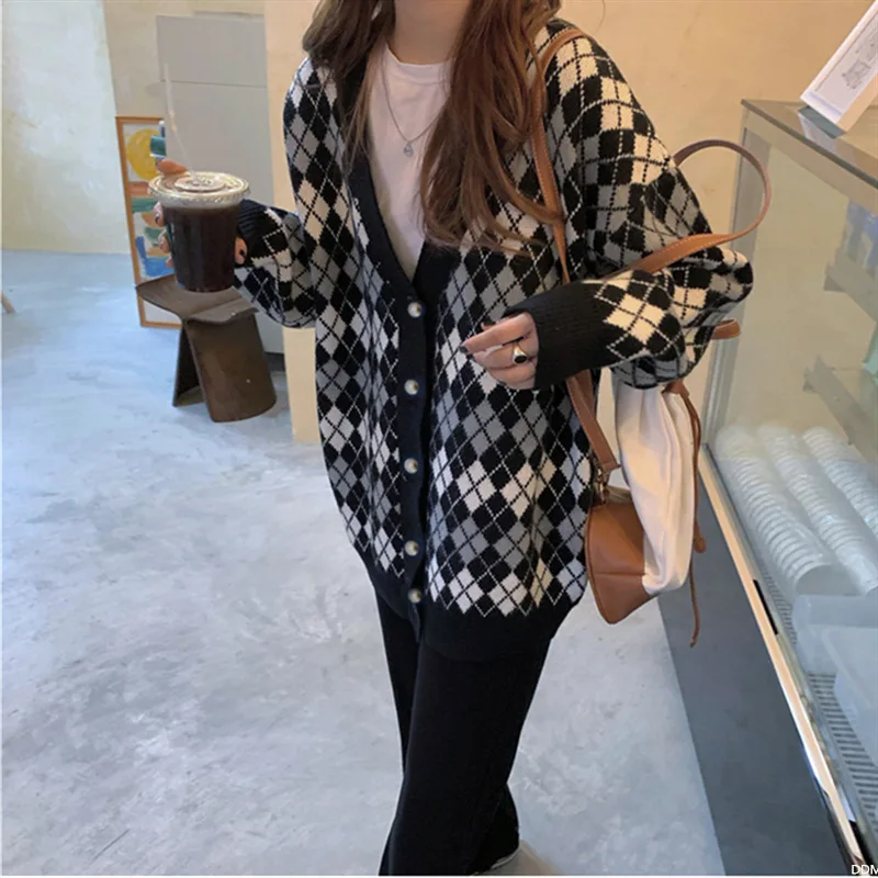 

Sweet Cardigans Long Sleeve Knitted Argyle Sweater Women Korean Fashion Y2k Pink Sweaters Female Cropped Cardigan Jacket Buttons