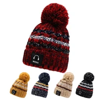 new winter knitted hats for women korean versatile headset label stripe pullover hat plush wind proof warm woolen yarn bonnet