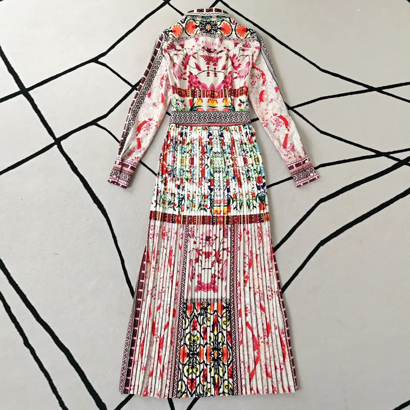 

Spring Autumn New Long Dress Women'S Casual Party Print Vintage Lapel Pearl Button Long Sleeve Elegant Pleated Dresses