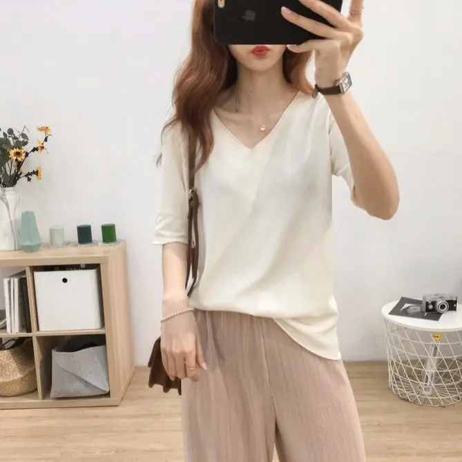 Женская свободная футболка с V-образным вырезом и коротким рукавом | одежда
