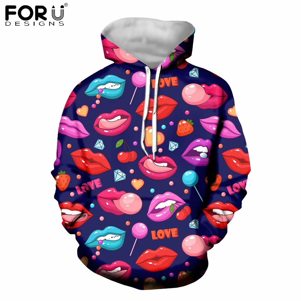 

FORUDESIGNS 3D красочный красный дизайн губ Женская одежда осенний свитшот с капюшоном Женский Большой спортивный костюм с капюшоном свитер Одеж...