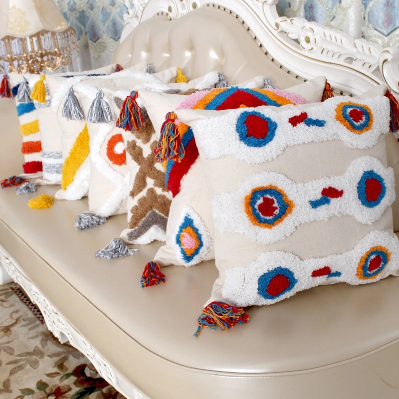 

Color Tufted Decorative Pillowcase Tassels Bohemian Thick Handmade Pillows Case Home Bed Sofa Chair Seat Cushion Cover 45*45CM