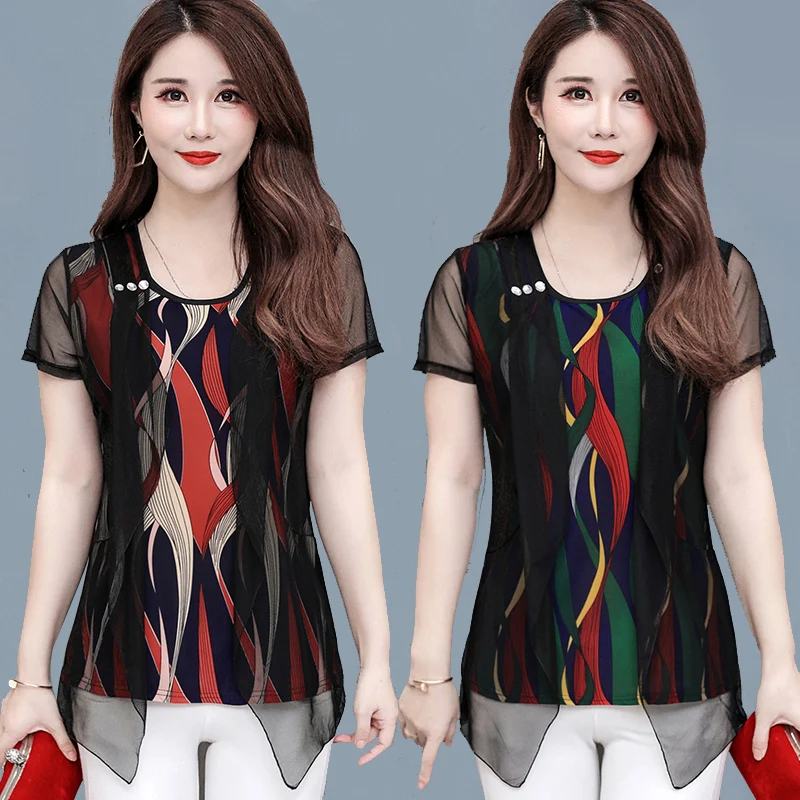 5XL Большие размеры женские шифоновые сетчатые рубашки с коротким рукавом блузки