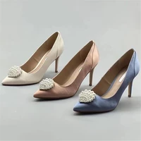blue beige pink women pumps silk satin pointed toe thin heels ladies shoes pearl rhinestones mules fashoin slipper big size