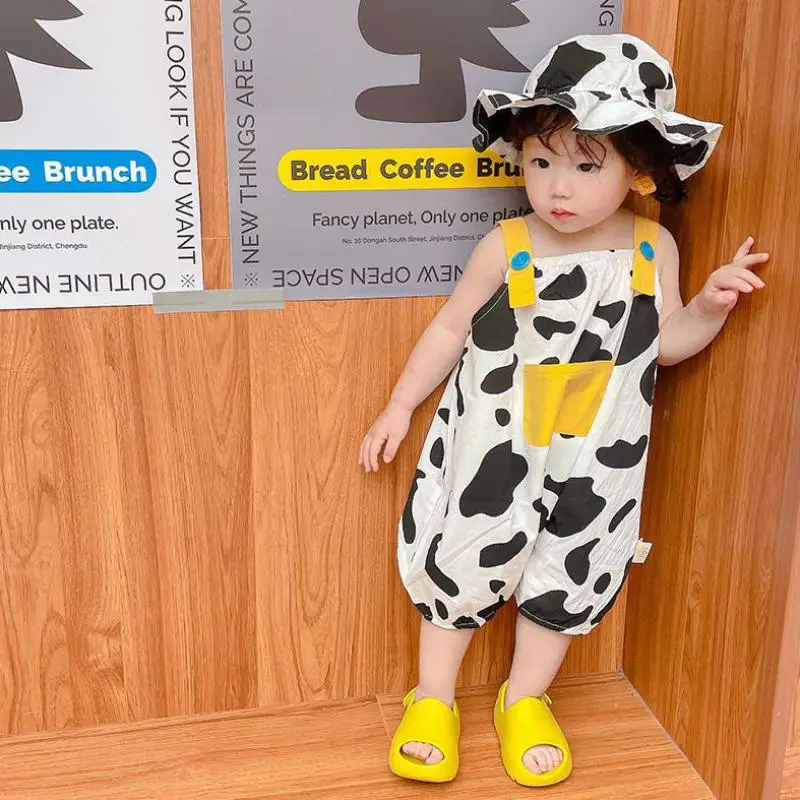 

Baby Girl Romper And Hat Set Toddler Overalls Kids Jumpsuit Cute Onesies For Children Milk Cow Pattern Sunhat Suit
