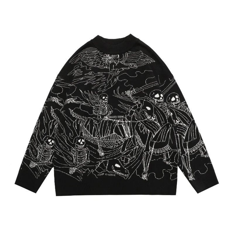 

Men Vintage Knitted Sweater Harajuku Ukiyo-e Style Skull Graffiti Pullover 2021 Autumn Streetwear Sweater Couple Cotton Knitwear