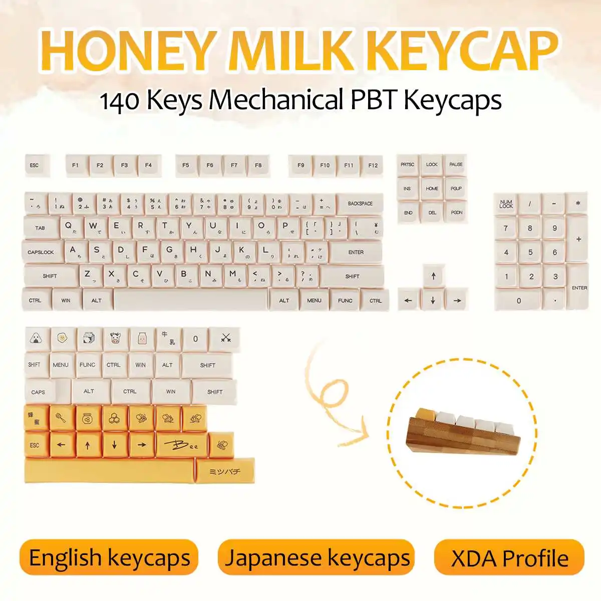 

Keycaps 140 key PBT Keycap DYE-SUB XDA Profile Milk White Honey Japanese or English Key caps For Gaming Mechanical Keyboard
