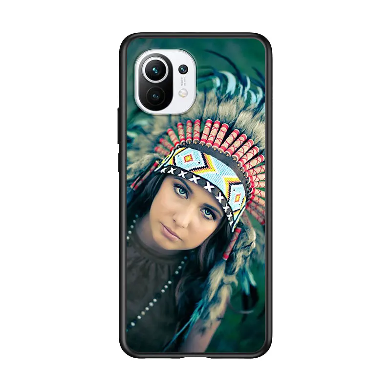 

Indian Feathers Girl for Xiaomi Mi 11 10T Note 10 Ultra 5G 9 9T SE 8 A3 A2 A1 6X Pro Play F1 Lite 5G Black Phone Case