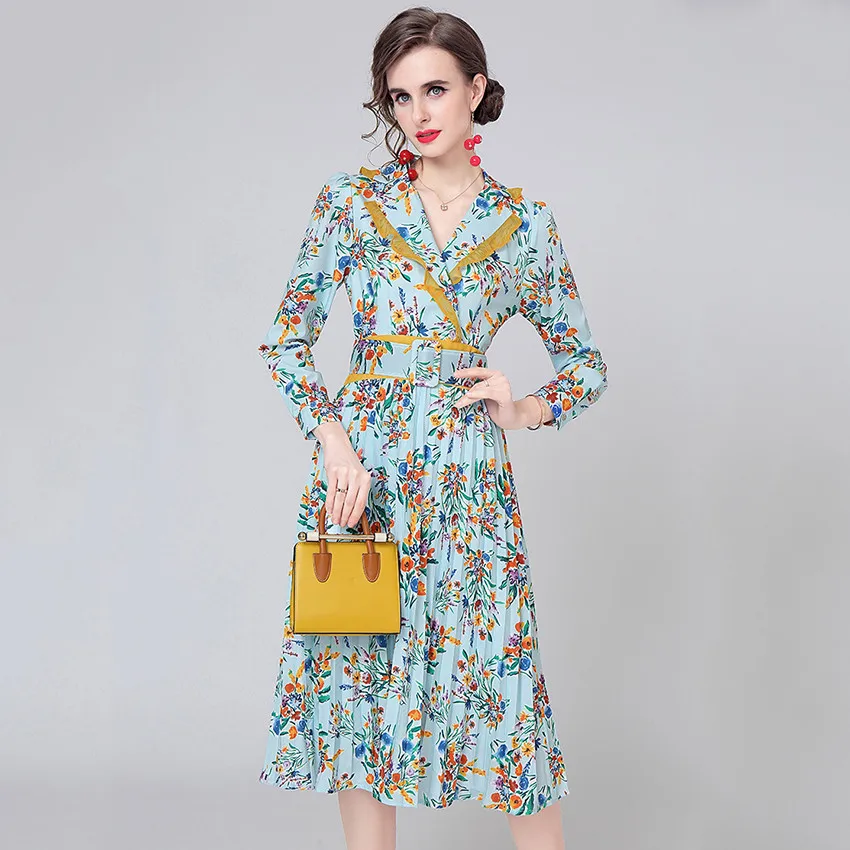 Женское плиссированное платье с цветочным принтом модельное дизайнерское