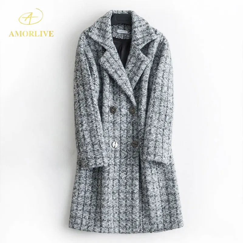 Женское шерстяное пальто Love LIVE облегающее элегантное двубортное из твида