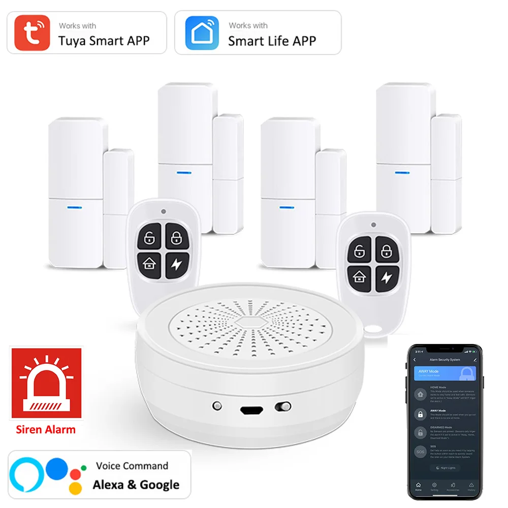 

DPK1 Tuya Smart WiFi+RF Hub Adjustable Siren Alarm System Alexa Google Voice Command Set Mode APP Control Door Sensor Key Fob