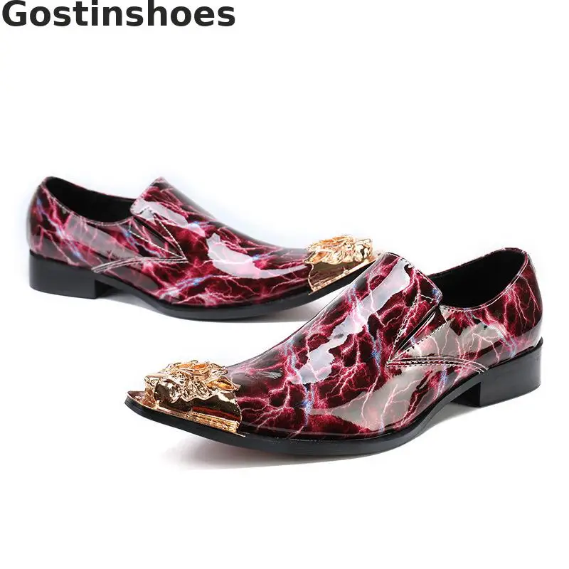 Shining Red Genuine Leather Shoes Flash Light Printed Classic Men Fashion Loafers Golden Metal Capped Toe Slip-on | Обувь
