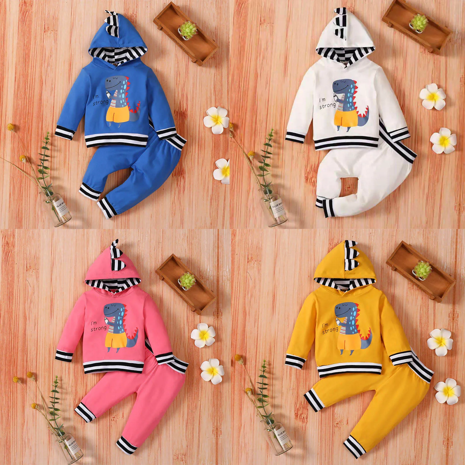 

Autumn Baby Boy Clothes Set Fashion Dinosaur Print Striped Hooded Long-sleeved + Trousers Suit Toddlers Hoodies Outfits Sets
