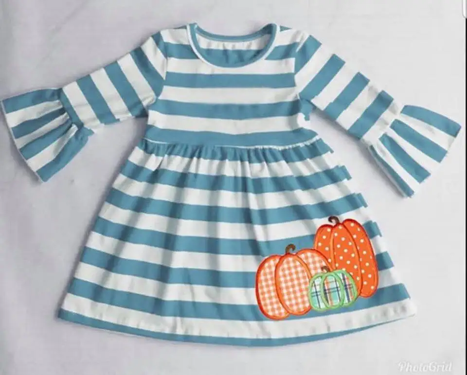 

Pumpkin patch girl dress cotton striped embroidered applique girls dress