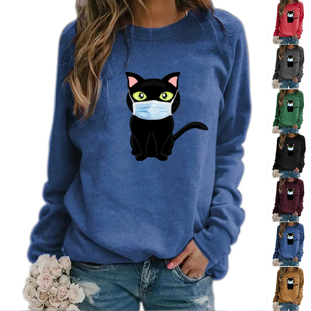 

Женская футболка с длинным рукавом, блузка, топы, Женская Повседневная футболка с вырезом лодочкой, свободные Осенние Топы с принтом кота, п...