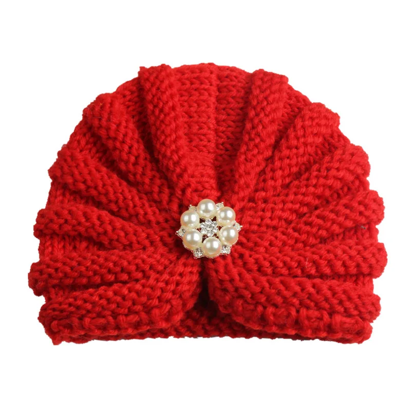 Red with pearls Модная детская шапка для новорожденных мальчиков и девочек, мягкая хлопковая шапка-тюрбан для малышей, аксессуары для головы - Цвет: Red with pearls