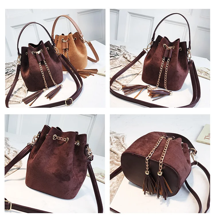 

New Mini Crossbody Handbags Cute Suede Bucket Bag Organizer Small Tassel PU Leather Womens designer Shoulder Messenger Bags 2019