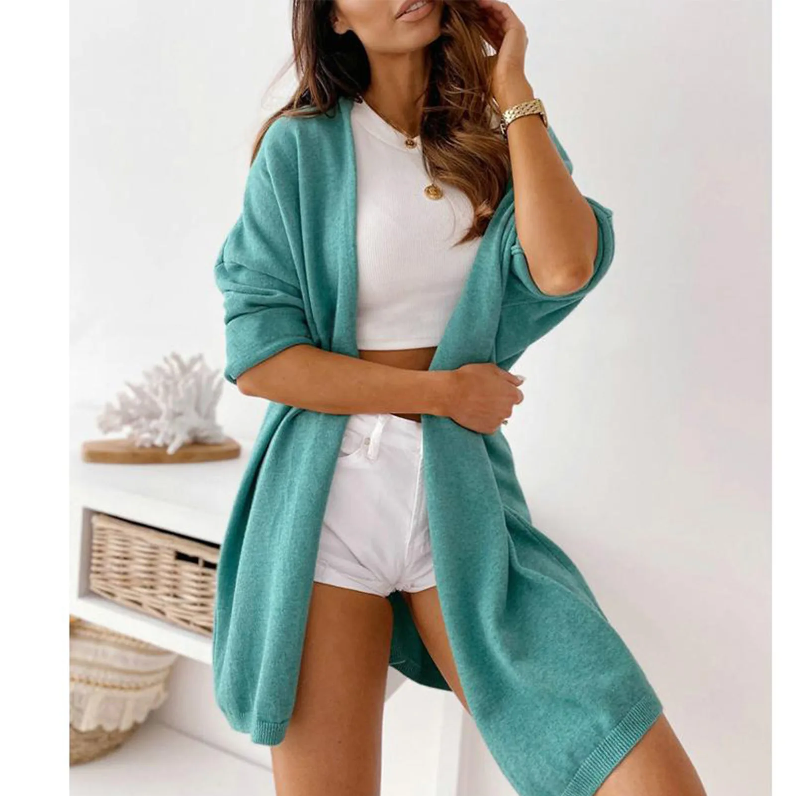 

Spring and Autumn Knitted Women's Cardigan Korean Plus Size Jacket Fashion Mid-length Women's Long Sleeve Sweater Ladies Top