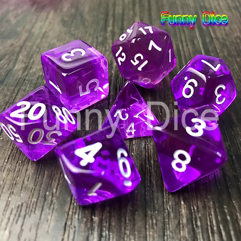7 шт./компл. прозрачные Кристальные кости набор D4, d6, d8, d10, d10%, d12, d20 для Настольная игра ролевые игры в кости, синий - Цвет: Фиолетовый