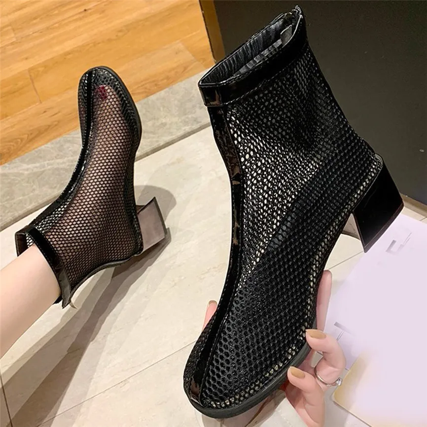 

Plus Size Shoes Women's Ankle Bare Round Toe Mesh Front Zipper Winter Boots Square Heel Short Botas Feminino Para Inverno De A1