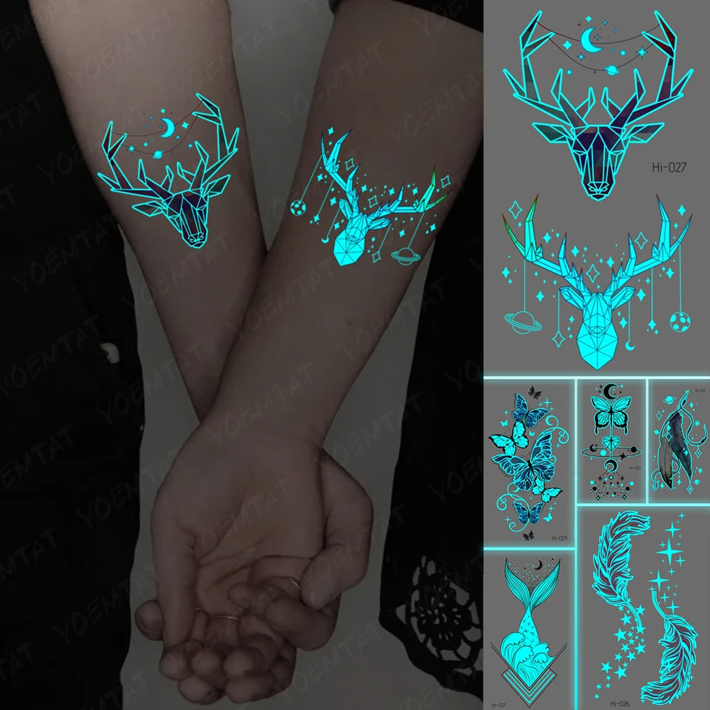 

Blue Luminous Glow Tattoo Sticker Deer Universe Stars Moon Waterproof Temporary Tatoo Wrist Fake Tatto For Body Art Women Men