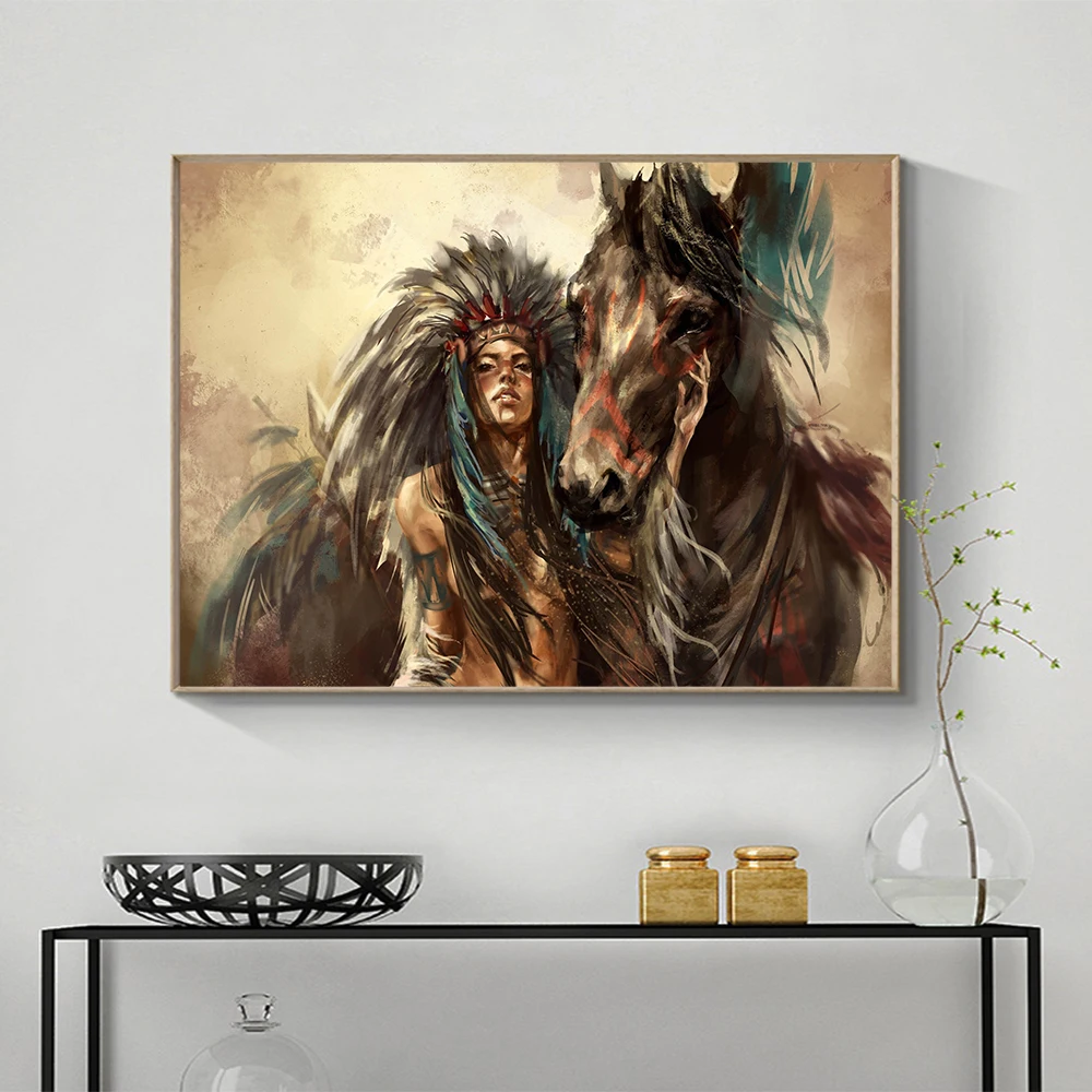 HDARTISAN Настенная картина на холсте Девушка индийская фигурка перьями для гостиной