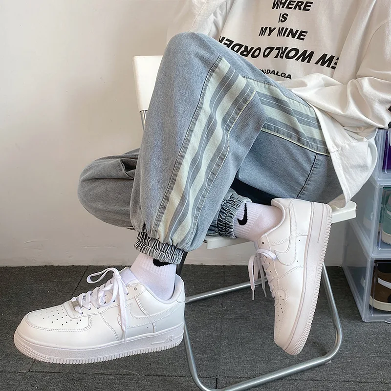 

Весна/осень 2021 полосатые джинсы мужские модные брендовые свободные брюки Harun в стиле Instagram подходящие ко всему в Корейском стиле девять точе...