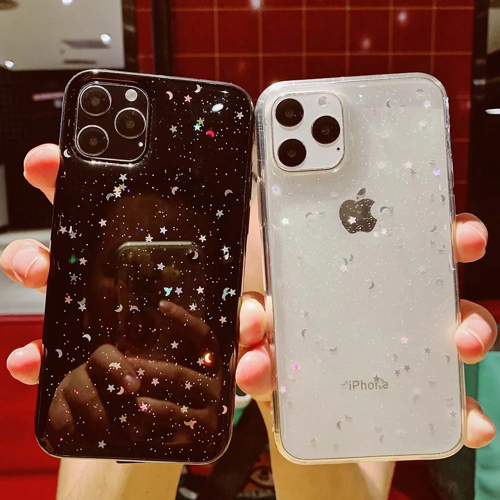 Блестящий чехол LOVECOM со звездами и Луной для iPhone 12 Mini 11 XS Pro Max XR X 6 6S 7 8 Plus прозрачный