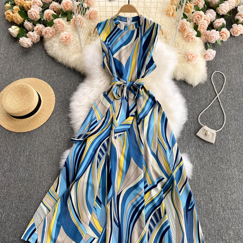 Mixi-elegante vestido de oficina para mujer, moda de verano, estampado azul, sin mangas, 2021