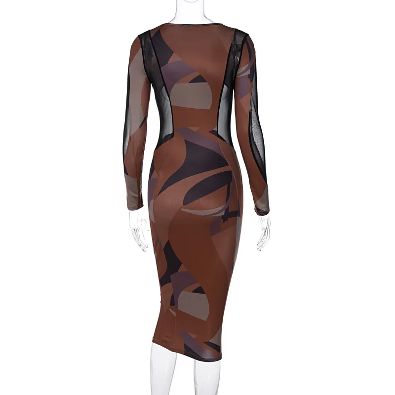 

Long Sleeve Dress Woman Print Patchwork Crewneck Elegant Bodycon Midi Dress Ladies Summer Sexy Party Club Robe 2021 New