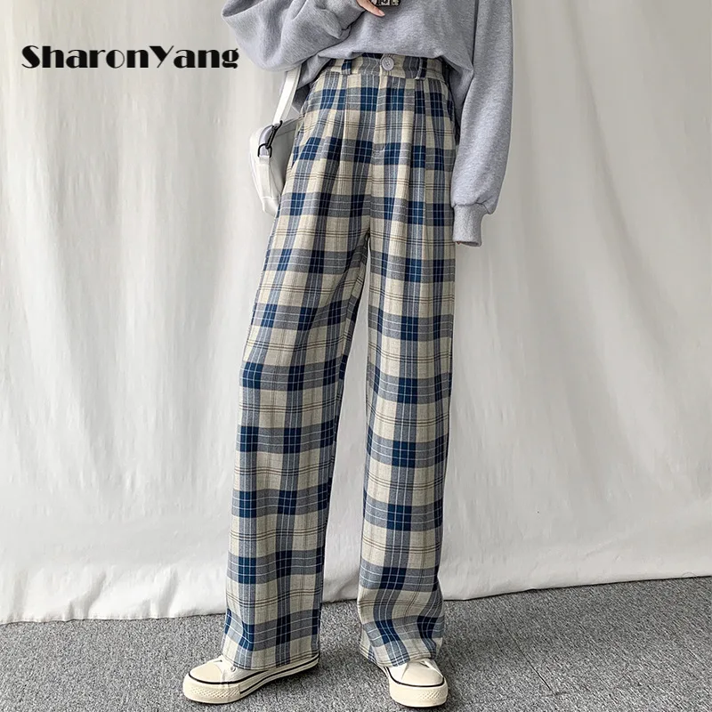 

High-waist Plaid Pants Zipper Korean Loose Wide-leg Pants Casual Trousers Women's Tide 2021 Spring SUMMER