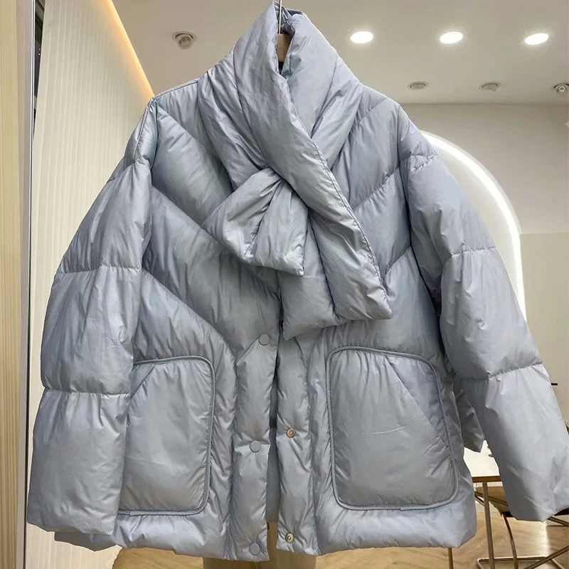 LY VAREY LIN Winter Women 90% White Duck Down Coat Sweet Solid Color Feather Jacket Warm Thick Parker Fluffy Outwear with Scarf