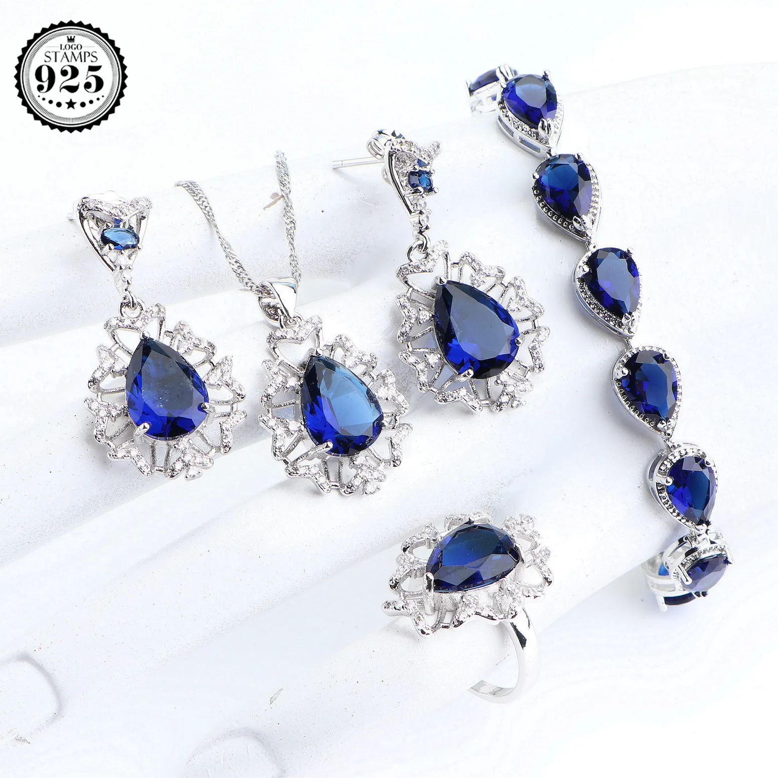 Conjuntos de Jóias de Prata Pedras de Noiva Brincos para Mulheres Anel de Jóias de Casamento Pulseira Senhoras Azul Zircão Pingente Colar Conjunto 925