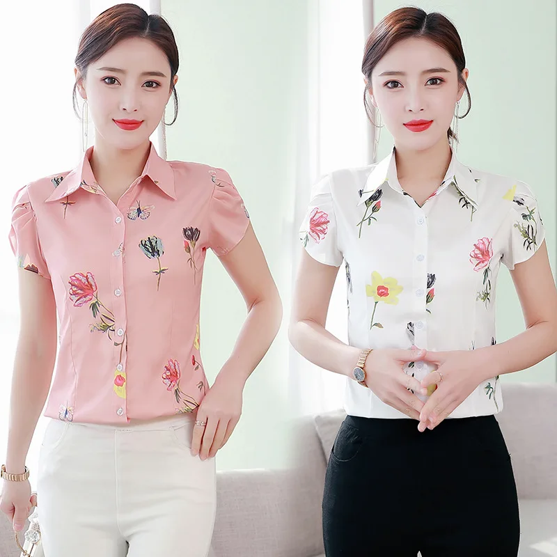 

Short Sleeve Chiffon Blouses Women Floral Print Tops Office Summer Blouse Ladies Lapel Slim Shirts Casual Pink Blue Top Blusas