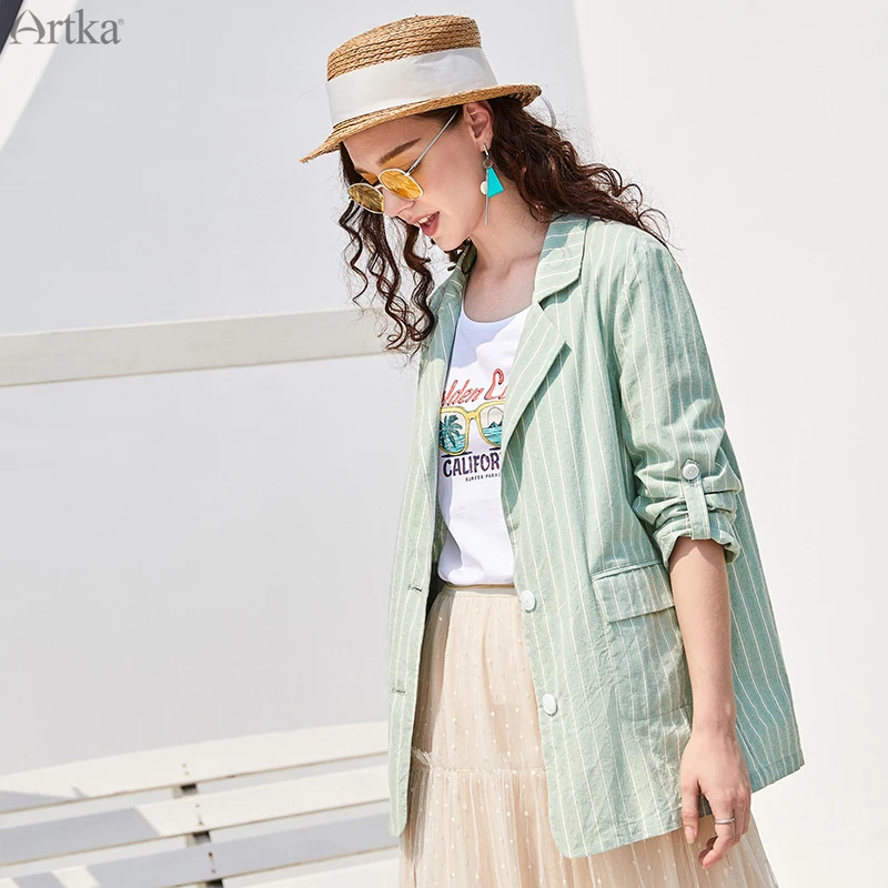 Женский пиджак в полоску ARTKA Зеленый Свободный Повседневный из 2020 хлопка WA10390Q